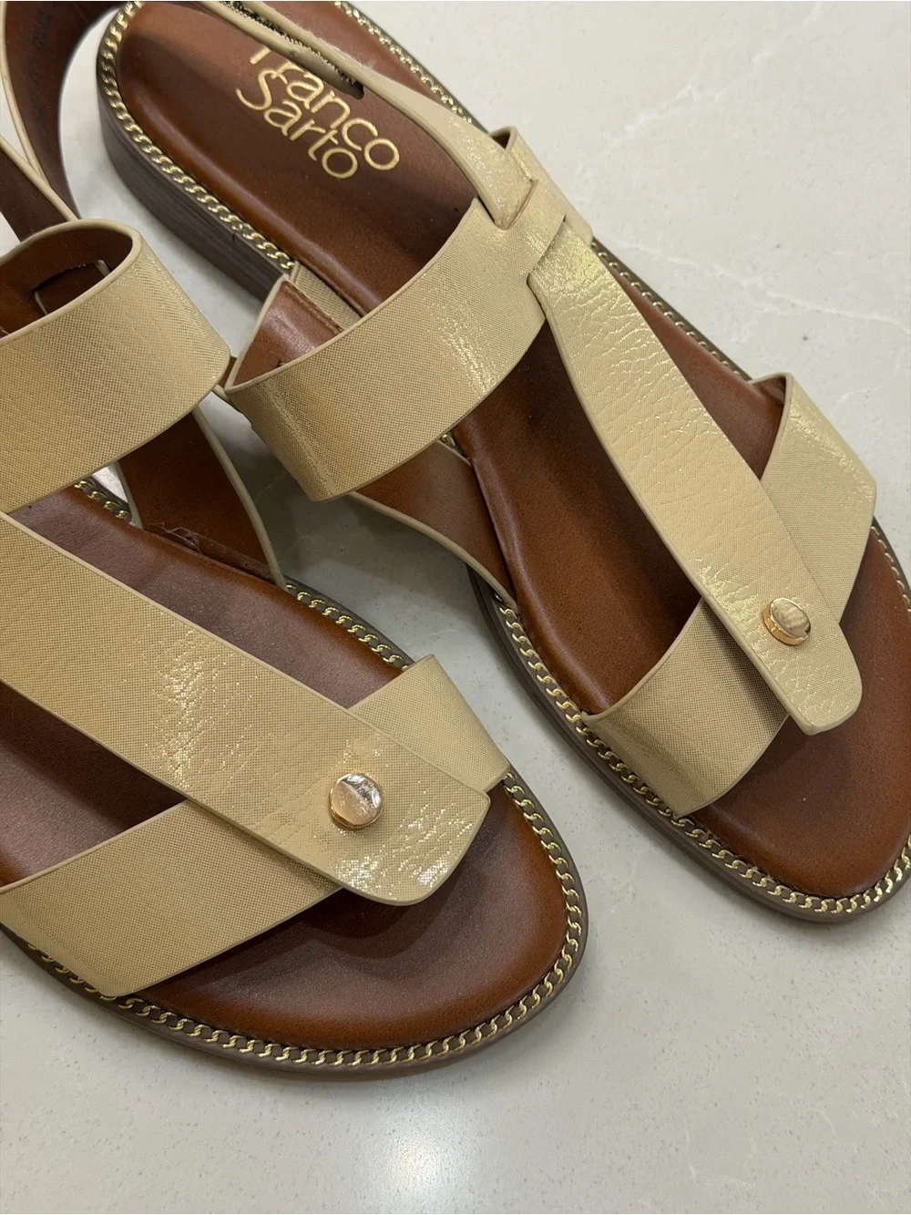 Franco Sarto Glenni Sparkle Cream Strappy Ankle Strap Flat Gold Hardware, 8